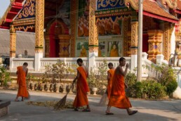 Monks cleaning the temple grounds